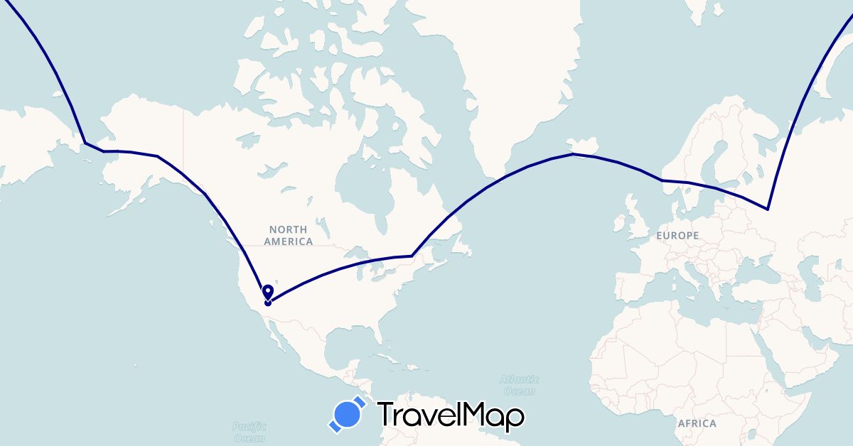 TravelMap itinerary: driving in Canada, Iceland, Norway, Russia, United States (Europe, North America)